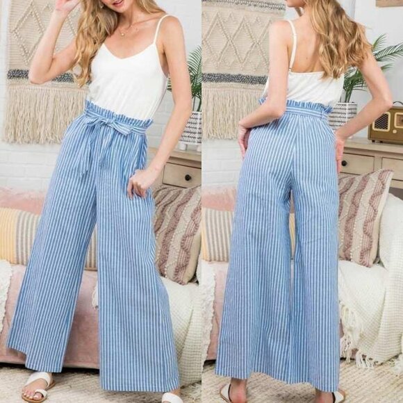 Main Strip Pants - Blue White Contrast Stripe Ruffle Waist Jumpsuit